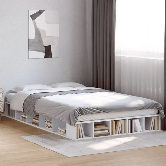 Berkfield Home Double Bed Frame in White with Side Compartments, W/D/H: 135 x 190 cm