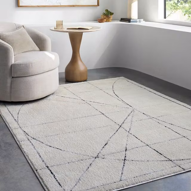 Livabliss Galey Alix Architect V-Modern Geometric High Pile Rug in Ivory, Black and White, W: 80 cm, L: 220 cm
