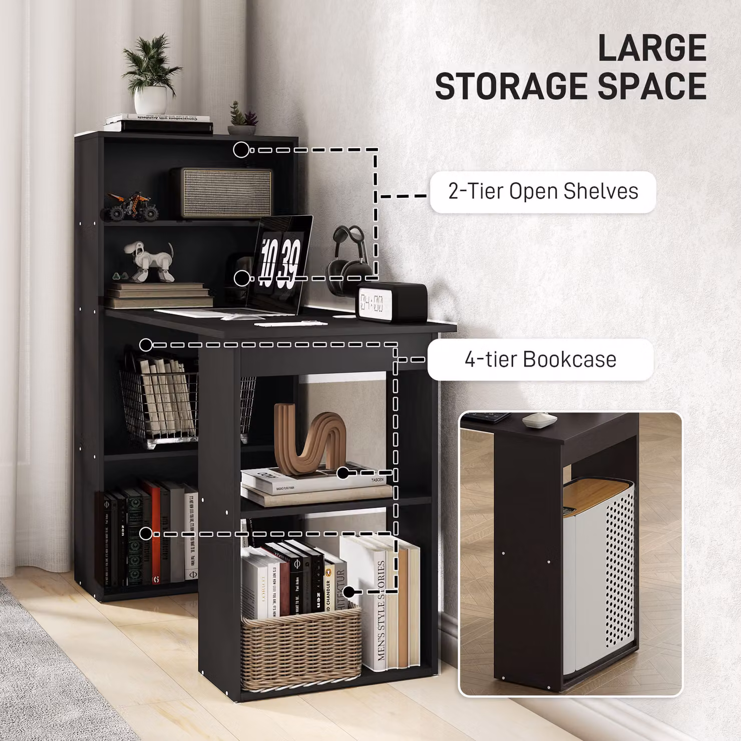 HOMCOM Modern Computer Desk and Bookshelf with 6 Shelves, Black – 5