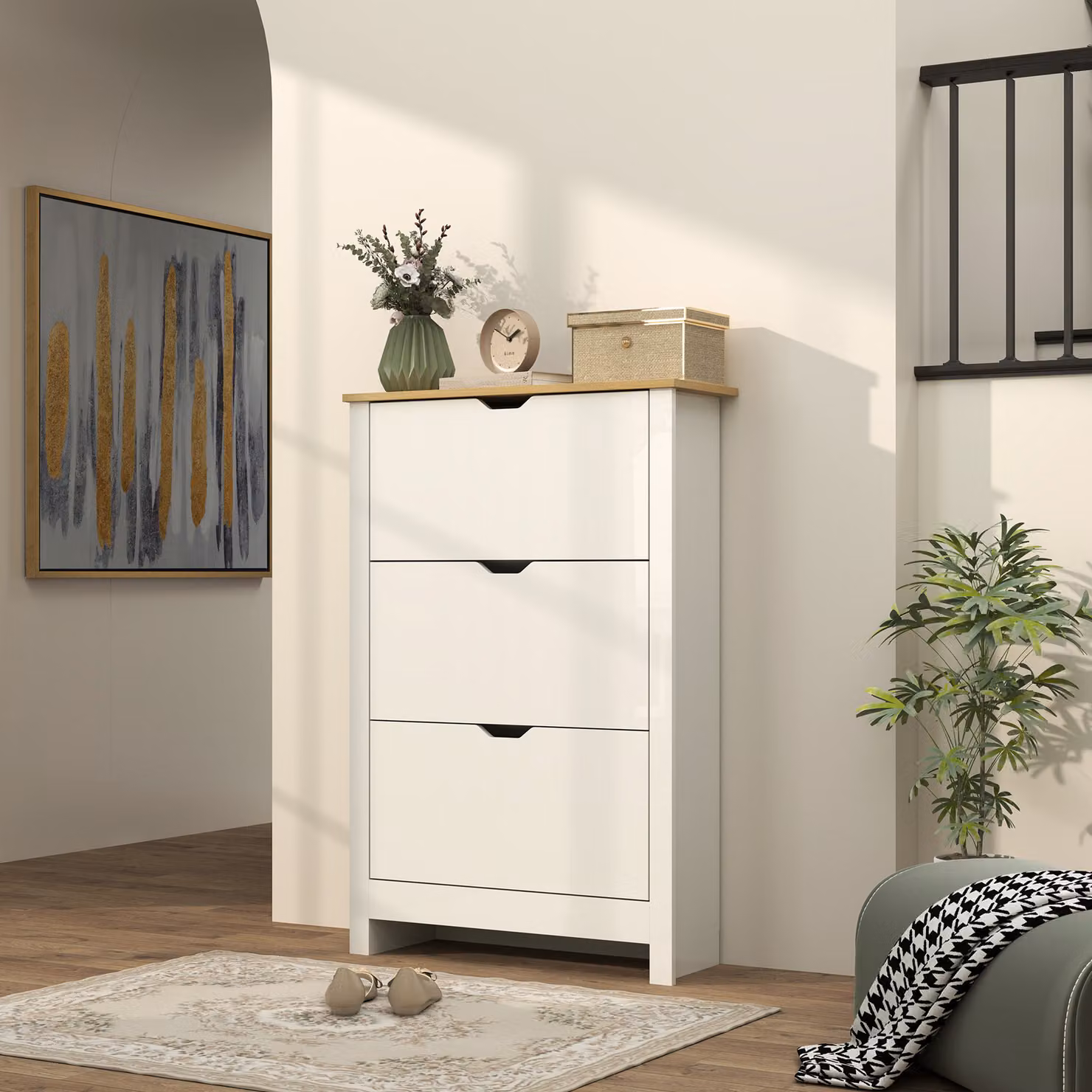 HOMCOM Slim Shoe Cabinet in High Gloss White with 3 Tilting Compartments and Adjustable Shelves for 18 Pairs of Shoes, H: 112.0 cm x W: 72.0 cm x D: 25.0 cm – 2
