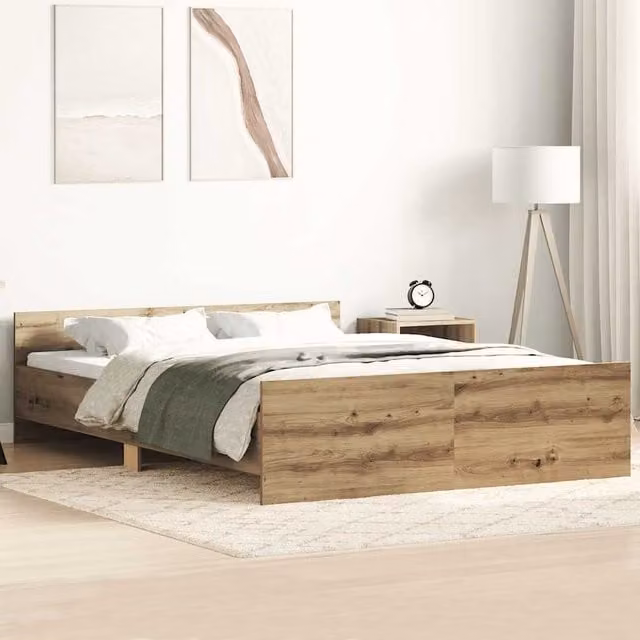 Berkfield Home Artisan Oak Bed Frame in Brown, Engineered Wood, W/D/H: 135 x 190 cm