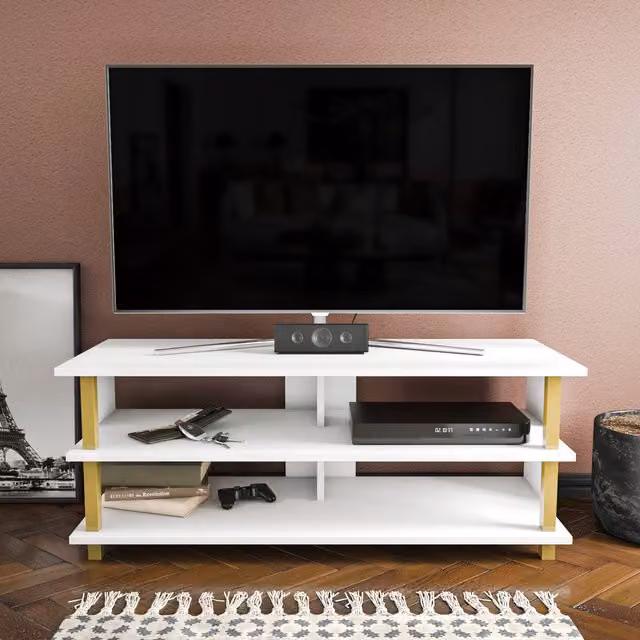 Decorotika Pueblo Modern TV Unit with Shelves in White and Gold, W/D/H: 120 x 45 x 47 cm