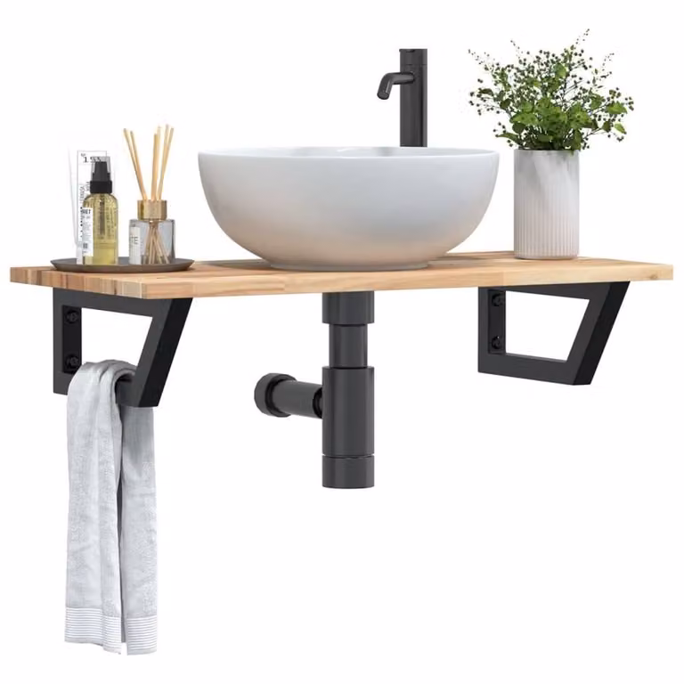 Berkfield Home Elegant Wall Mounted Basin Shelf in Brown Acacia Wood and Black Steel