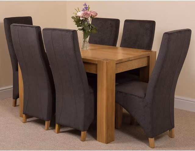Thats Furniture Kuba Chunky Oak Small Dining Table and 6 Lola Fabric Chairs in Black, Beige or Grey, W: 125 cm, D: 80 cm