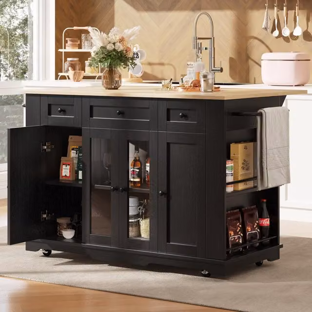 Aosom UK Modern Black Kitchen Island with Foldable Worktop and Dining Extension, W: 151.5 cm, D: 60 cm, H: 91.5 cm