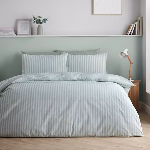 Catherine Lansfield Epping Reversible Textured Stripe Single Duvet Cover and Pillowcase Set, Green, W/D/H: 135 x 200 cm and 50 x 75 cm