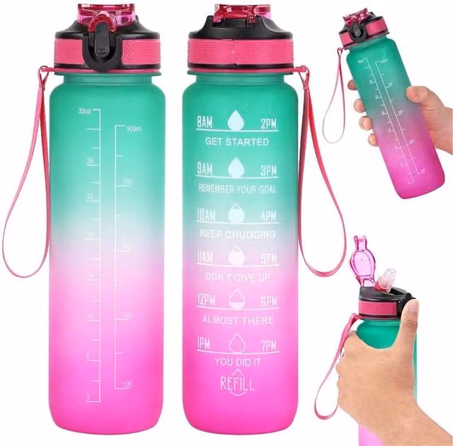 NESTLUNE BPA Free Sports Water Bottle with Straw, Pink and Green, 1 l – 1