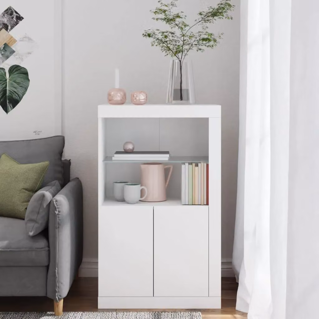 Berkfield Home Modern White Side Cabinet with LED Lighting and Glass Doors – 2