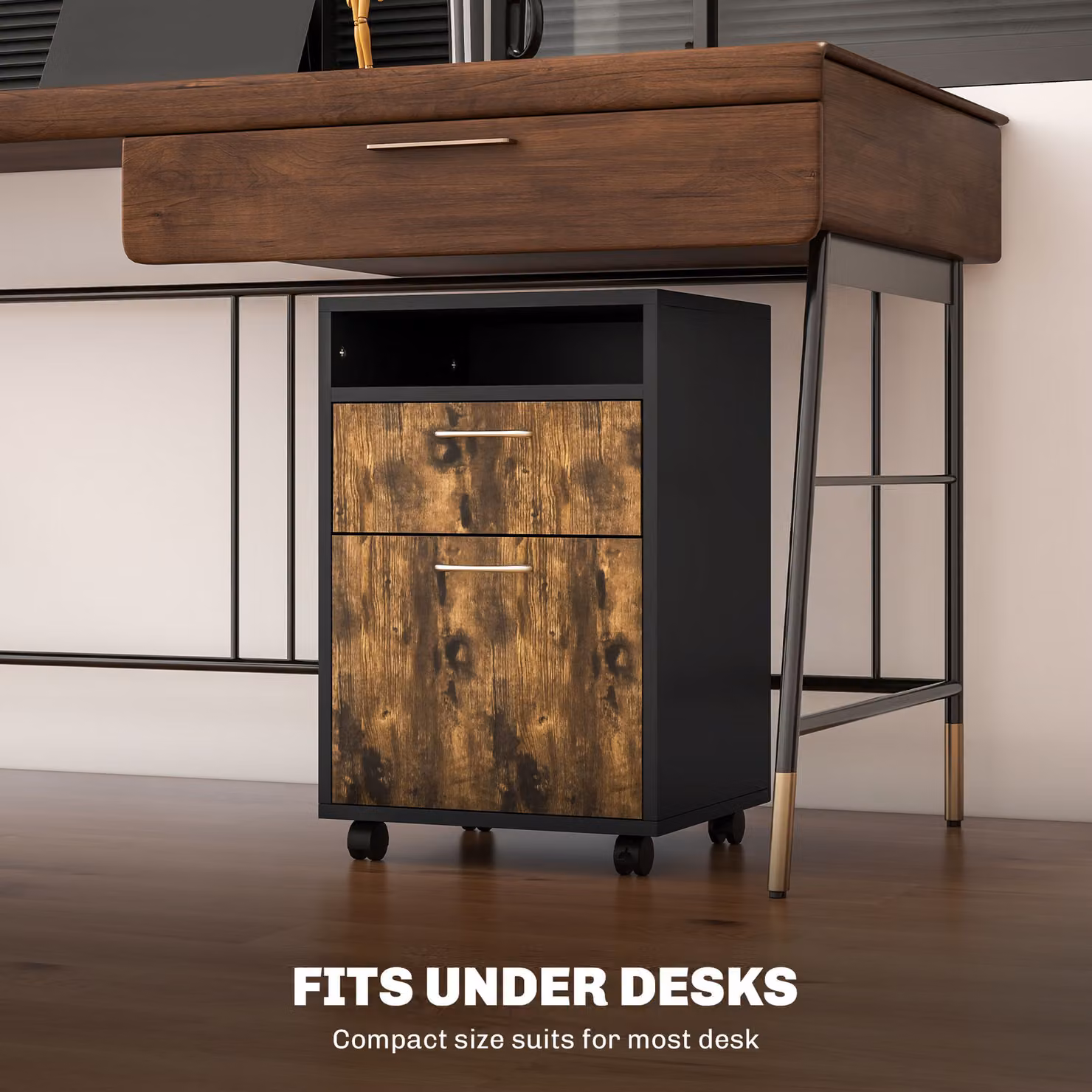 HOMCOM Mobile Storage Cabinet in Rustic Brown with Drawer, Open Shelf, Metal Handles and 4 Wheels – 5