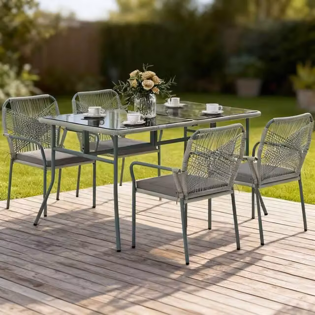 ERGOVEXA Five-Piece PE Rattan Garden Dining Set with Cushions in Light Grey