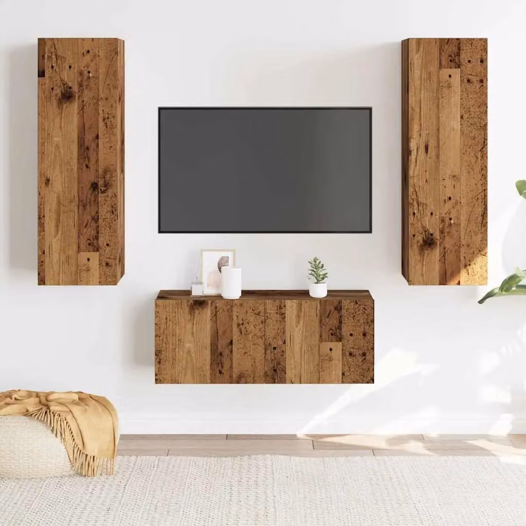 Berkfield Home 3-Piece Modern Wall Mounted TV Cabinet Set in Brown Old Wood Finish – 2