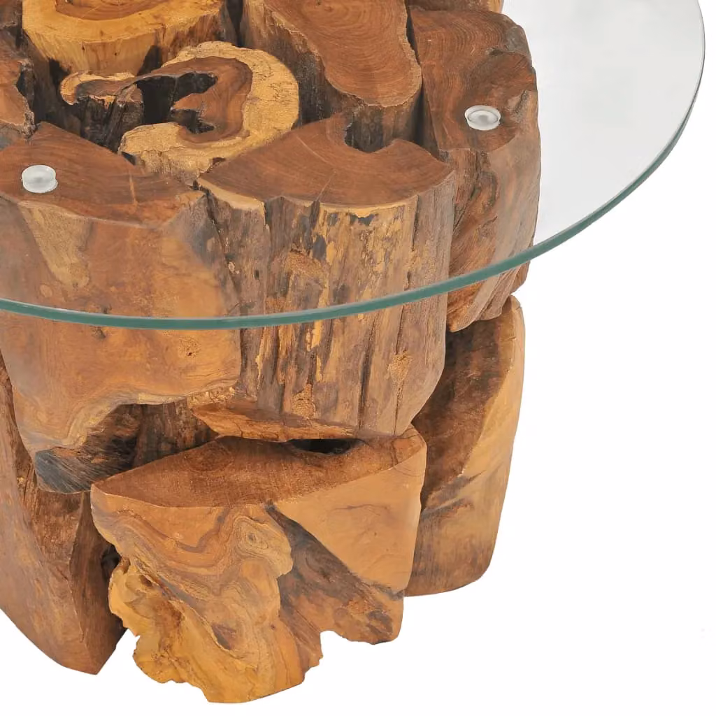 Berkfield Home Round Rustic Solid Teak and Glass Coffee Table in Brown, Diameter: 60 cm – 3