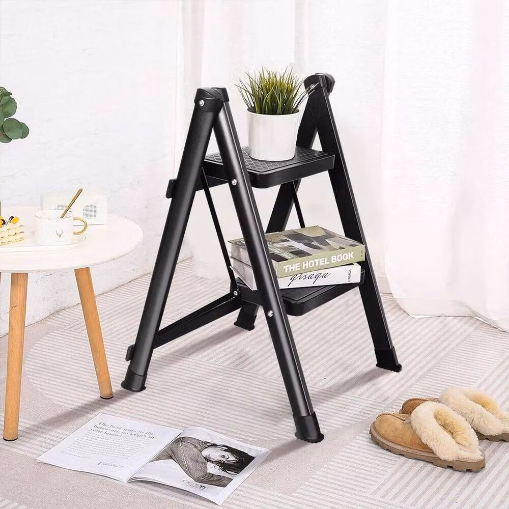 FLAVORA Black 2 Step Steel Foldable Ladder Stool with Rubber Feet, W: 40 cm, H: 100 cm, D: 40 cm – 5