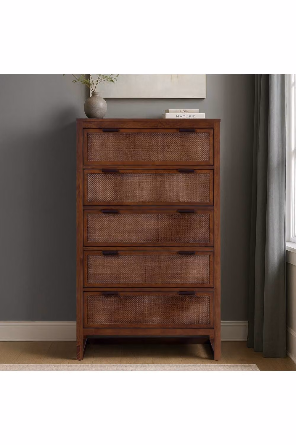 Teamson Home Hatteras 5 Drawer Bedroom Chest of Drawers with Rattan Inset Drawers, Walnut Finish, Brown, H 127 x W 45.7 x D 44 cm – 3