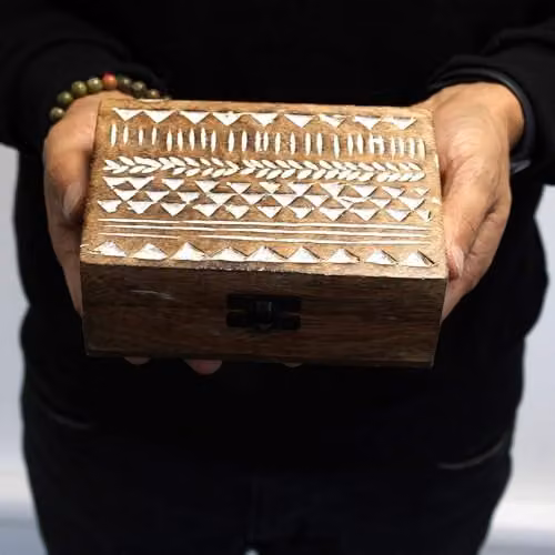 Ancient Wisdom White and Brown Washed Solid Wood Pill Box with Aztec Design – 4