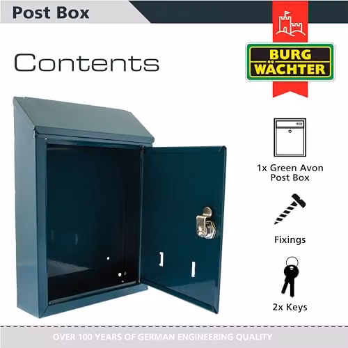 Burg-Wächter Avon Rear Entry Wall Mounted Galvanised Steel Lockable Weatherproof Post Box, Green, W: 21 cm, D: 30 cm, H: 7 cm – 3