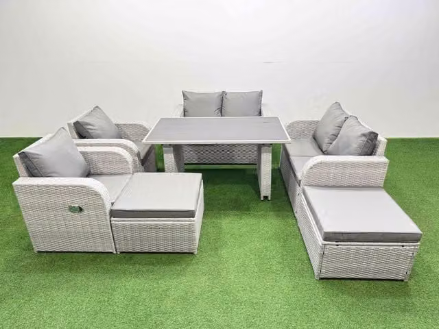 Fimous 7 Piece Modern Rattan Garden Furniture Set with Cushions and 2 Large Stools in Light Grey