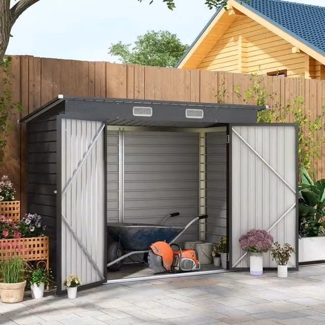 Outsunny Grey Galvanised Steel Pent Garden Shed with Double Doors and Side Vents
