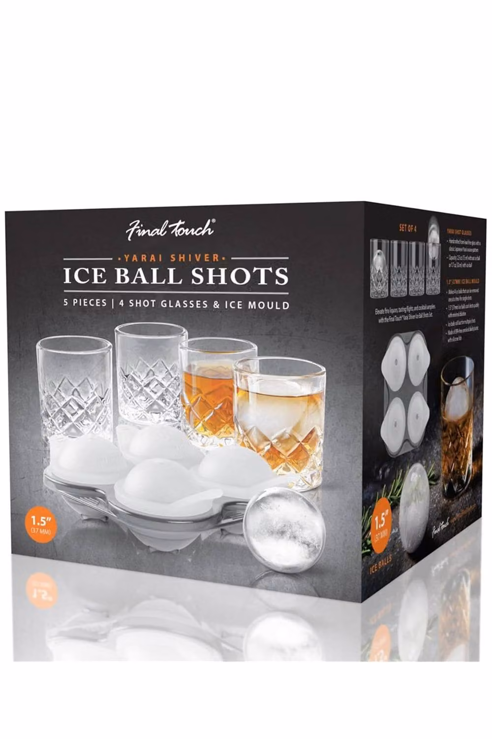 Final Touch Yarai Shiver Ice Ball Shot Glass Set with Ice Ball Moulds, Transparent, Set of 4 – 5