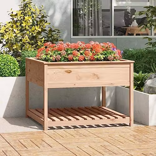 vidaXL Raised Wooden Planter with Shelf in Natural Brown Pine, W/D/H: 111.5 x 111.5 x 81 cm – 2