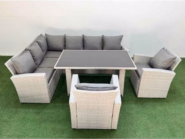Fimous 8-Seater L-Shape Outdoor Wicker Rattan Corner Sofa Set with Tempered Glass Coffee Table in Light Grey