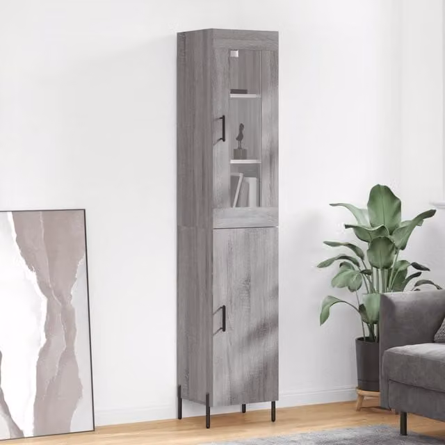 Berkfield Home Grey Sonoma Highboard with Glass Doors, W/D/H: 34.5 x 34.5 x 180 cm
