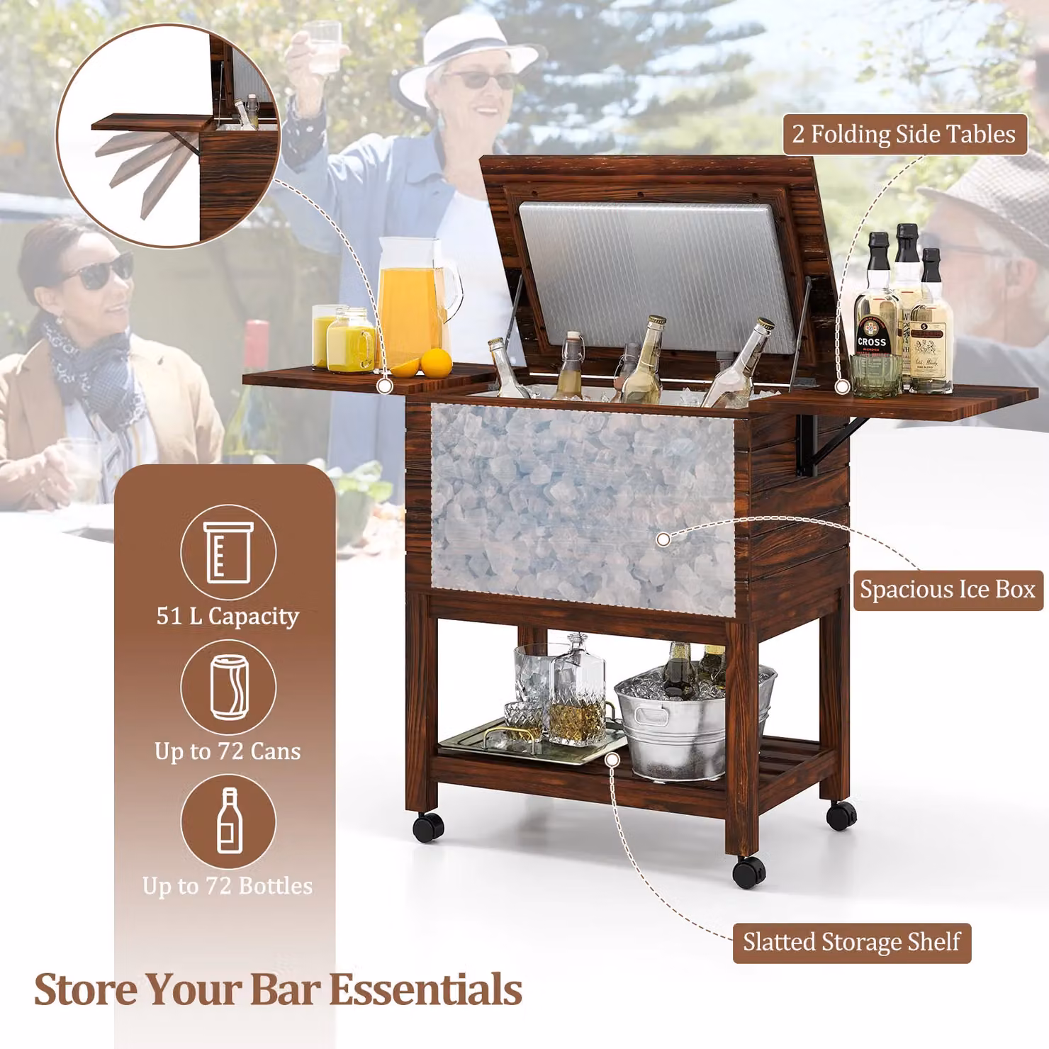 Costway Rolling Wooden Patio Cooler Cart, 51L Outdoor Ice Chest in Brown – 8