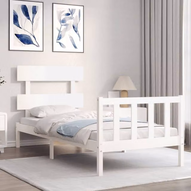 Berkfield Home Beautiful Single Bed Frame with Headboard in White Solid Pine Wood, W/D/H: 90 x 190 cm