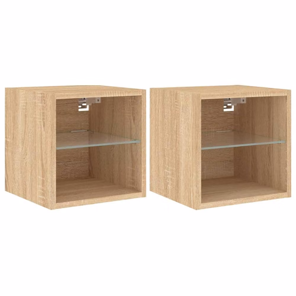 Berkfield Home Set of 2 TV Wall Cabinets with LED Lights in Sonoma Oak Natural, W/D/H: 30 x 28.5 x 30 cm – 2