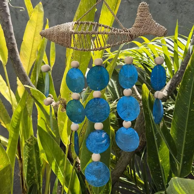 Serenityy Blue Fish and Beads Driftwood Wind Chime with Glass and Wood Details