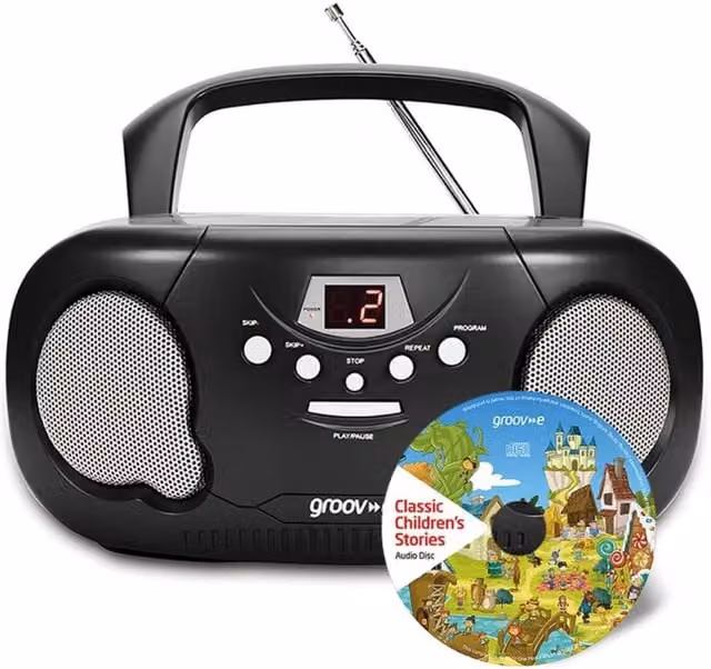 Groov-e Boombox Portable CD Player with Childrens Stories CD, Black