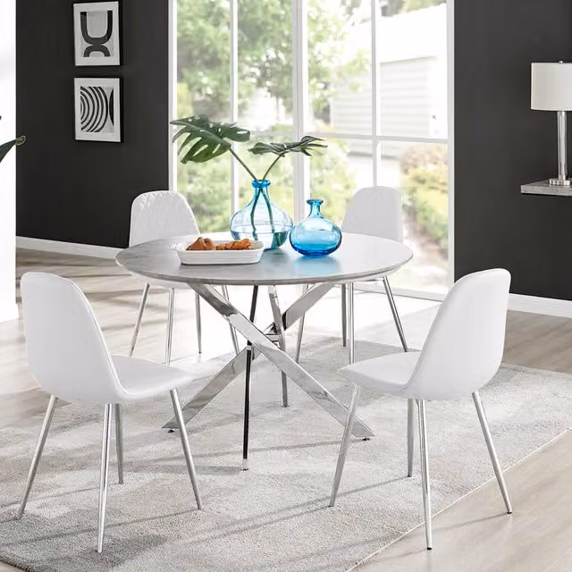 FurnitureboxUK Novara Grey Concrete Round Dining Table and 4 Corona Silver Leg Chairs in White, Diameter: 120 cm