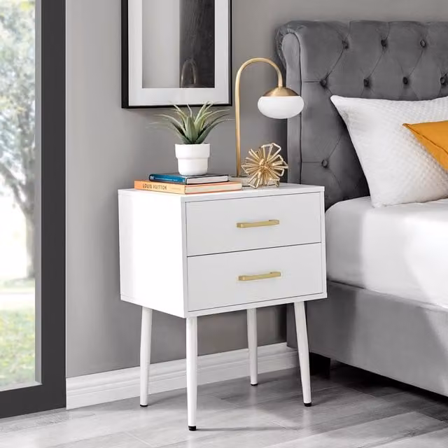 FurnitureboxUK Taylor Modern Lacquered Wooden Bedside Table with 2 Drawers and Gold Handles in White, Height: 67 cm – 1