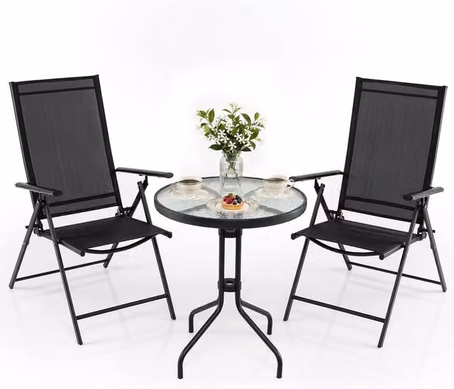 Costway 3-Piece Outdoor Patio Bistro Set with Folding Chairs and Coffee Table in Black