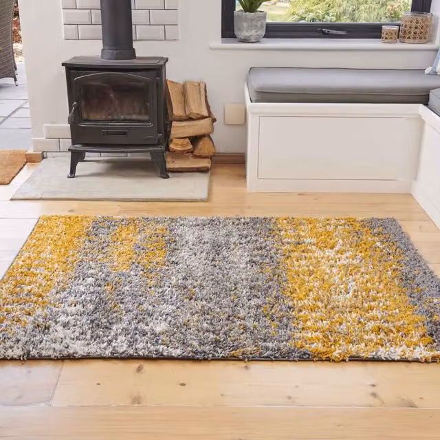 The Rug House Scandi Abstract Shaggy Area Rug in Yellow and Grey, 150 x 150 cm