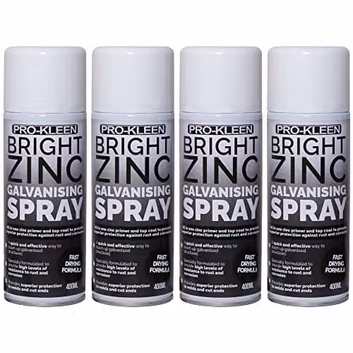 Pro-Kleen Bright Zinc Galvanising Spray Paint, 2-in-1 Primer and Top Coat for Metal, Silver, 4 x 400ml