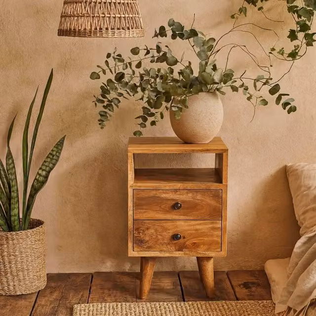 Wyld Haus Parma Mini Oak and Mango Wood Bedside Table with 2 Drawers and Open Shelf in Brown