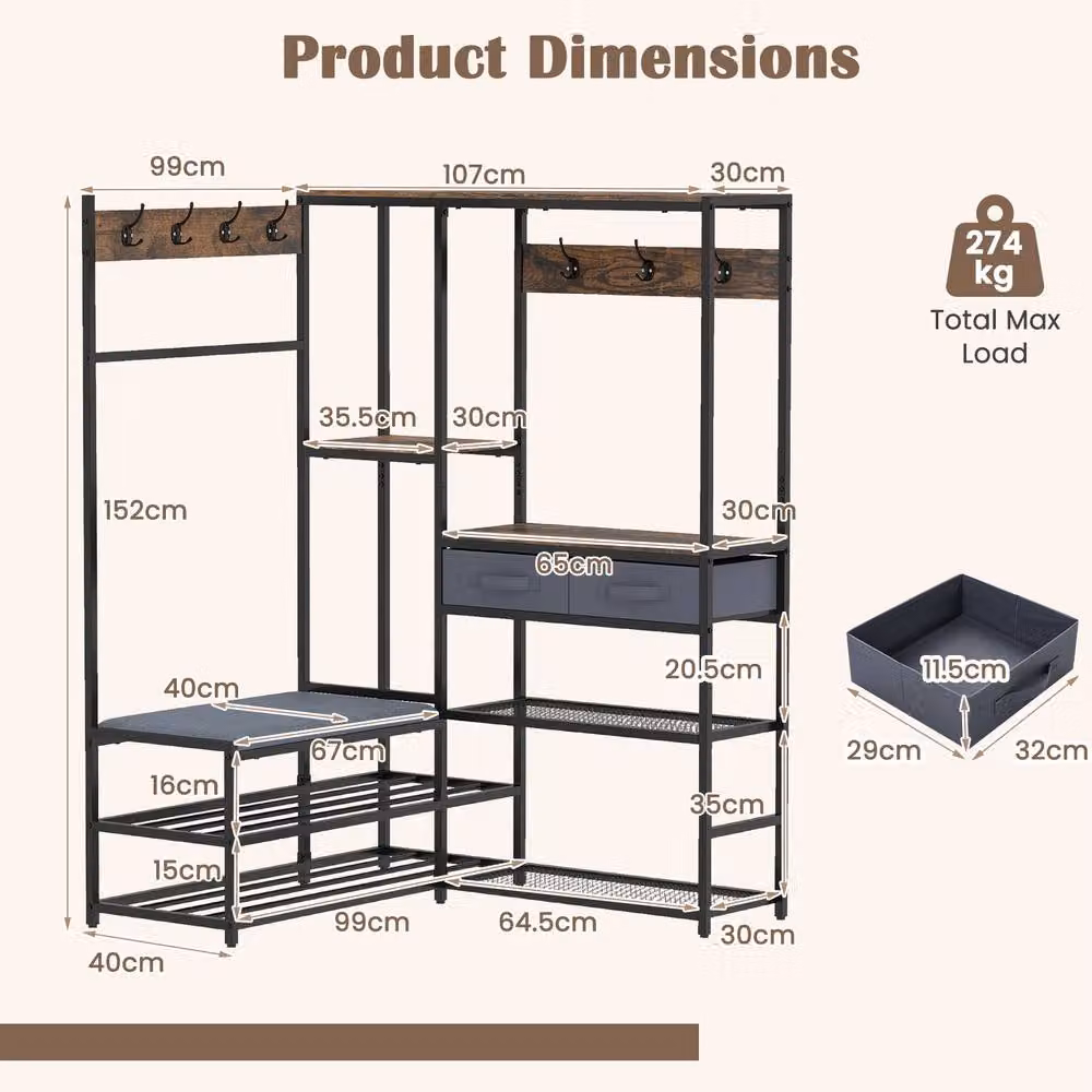 Gymax L-Shaped Corner Coat Rack with Shoe Bench and Hall Tree in Brown – 2