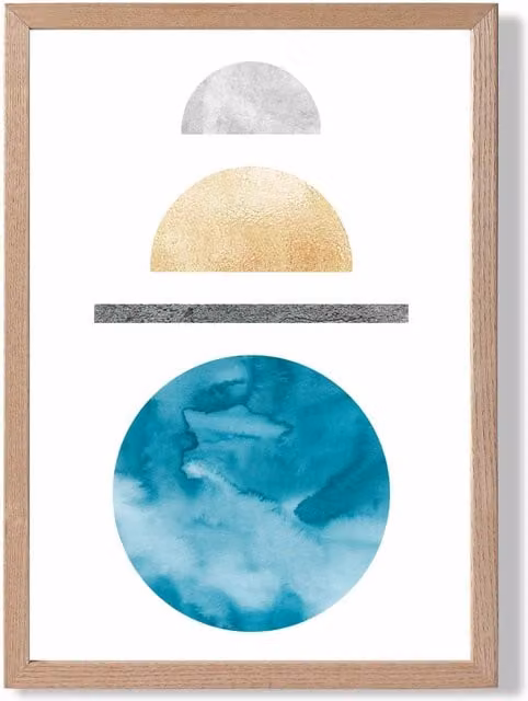 ARTZE Mid Century Geometric Framed Print, Yellow, Aqua and Grey Abstract Circles, A4, Oak Frame