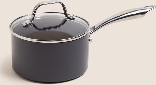 M&S Black Hard Anodised Aluminium Saucepan with Glass Lid, 16cm