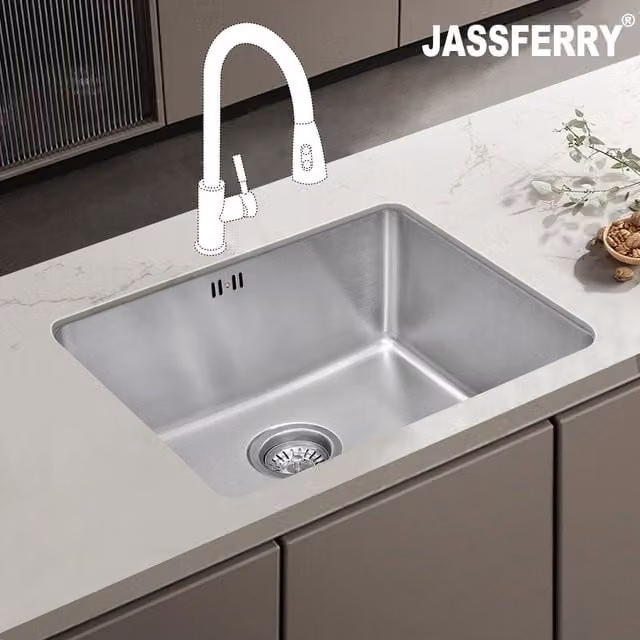 JASSFERRY Undermount Stainless Steel Kitchen Sink in Silver, W: 54 cm, D: 44 cm, H: 20 cm