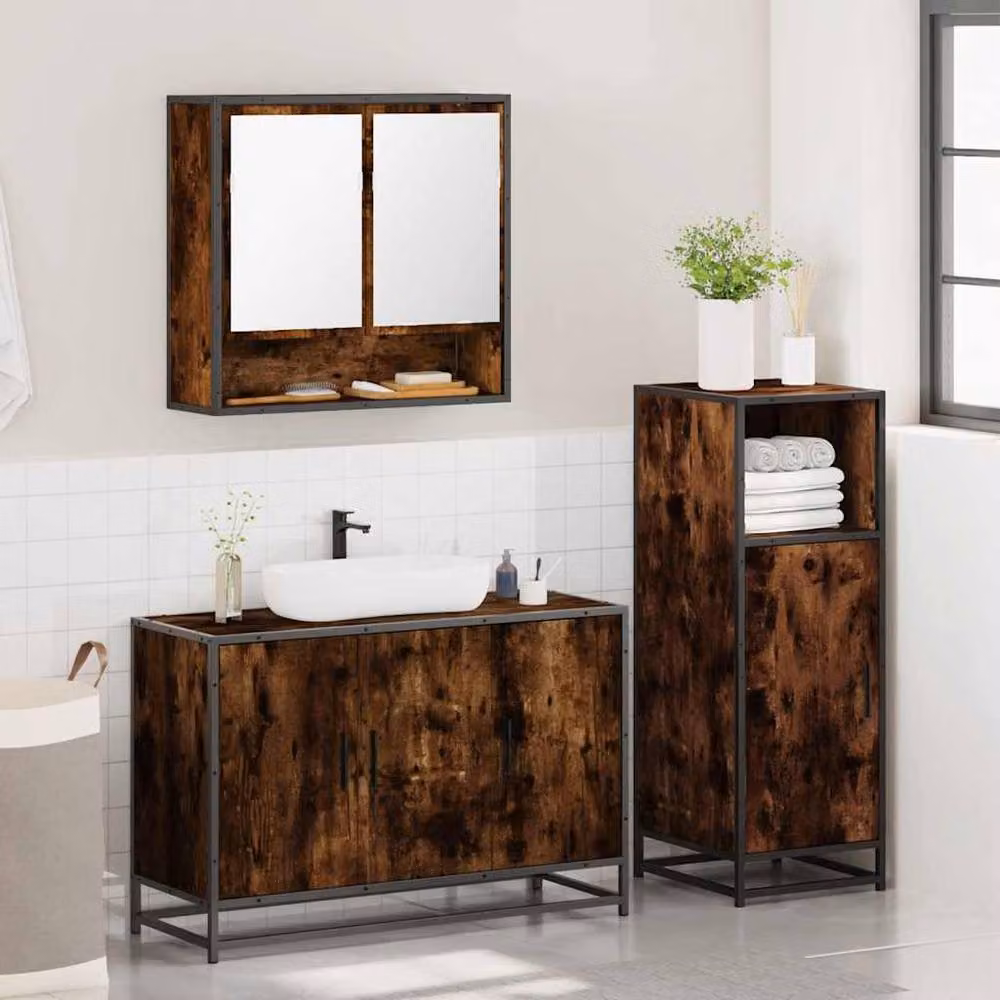 Berkfield Home 3 Piece Industrial Bathroom Furniture Set in Smoked Oak Brown – 3