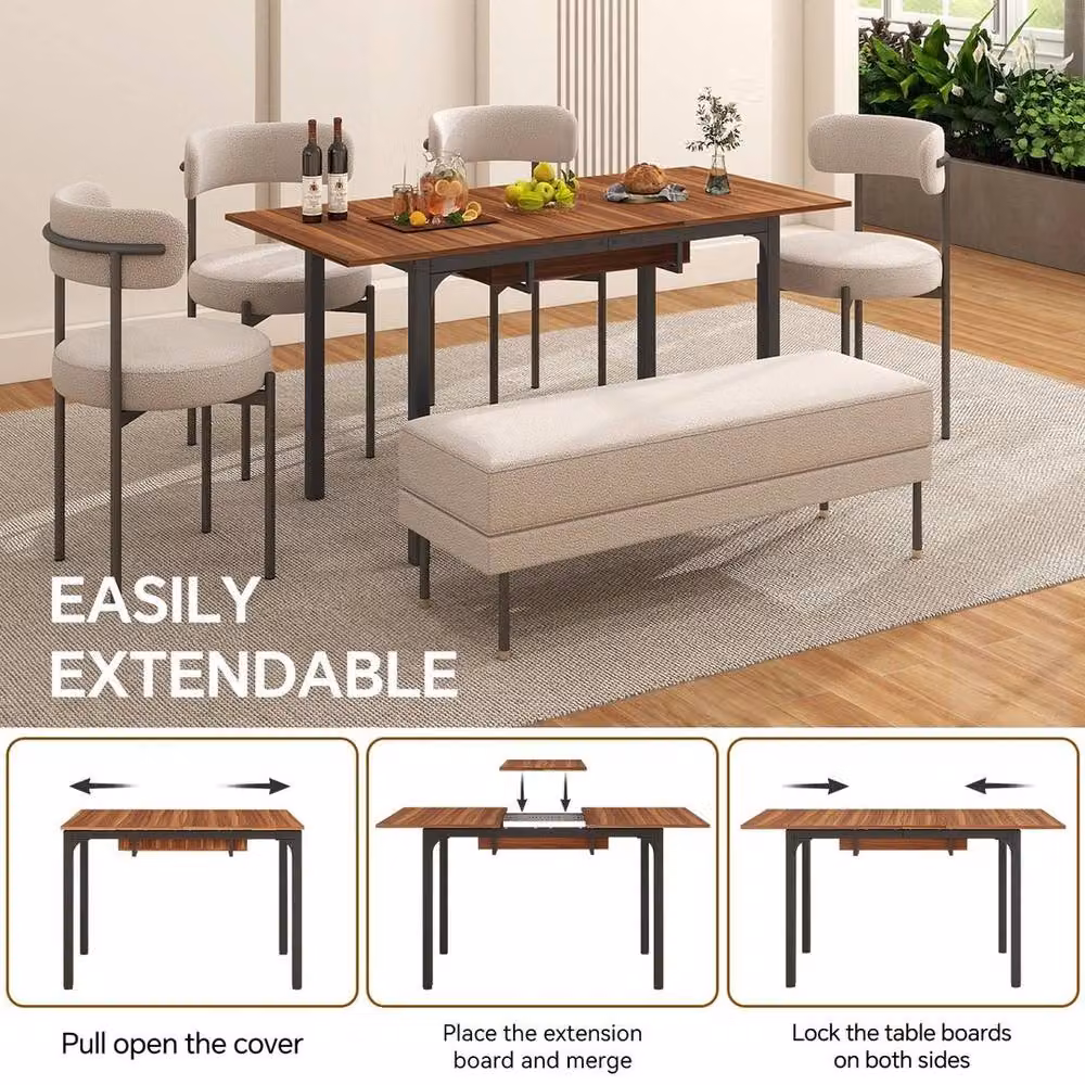 EONLION Extendable Rectangular Dining Table in Brown with Metal and Wood Construction, W: 100 cm, H: 75 cm – 4