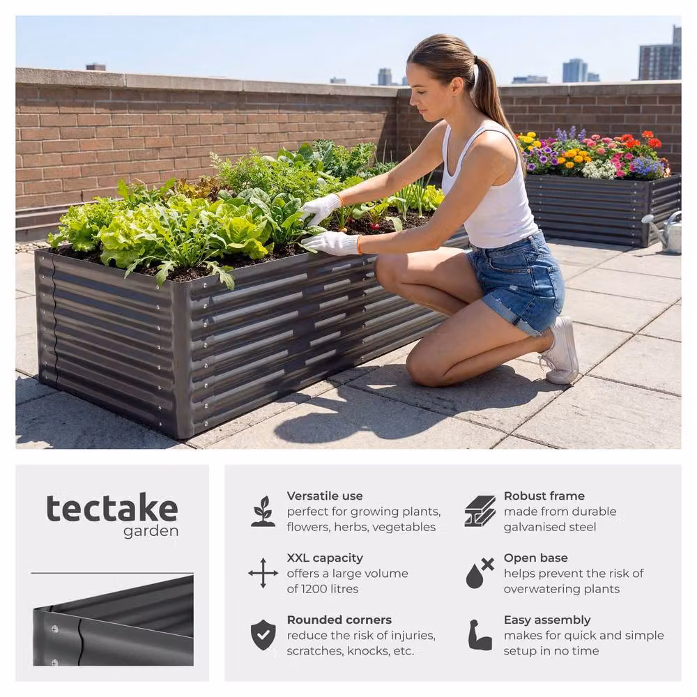 tectake Blomma Raised Garden Bed in Grey Galvanised Steel, W: 200 cm, D: 100 cm, H: 62 cm – 2