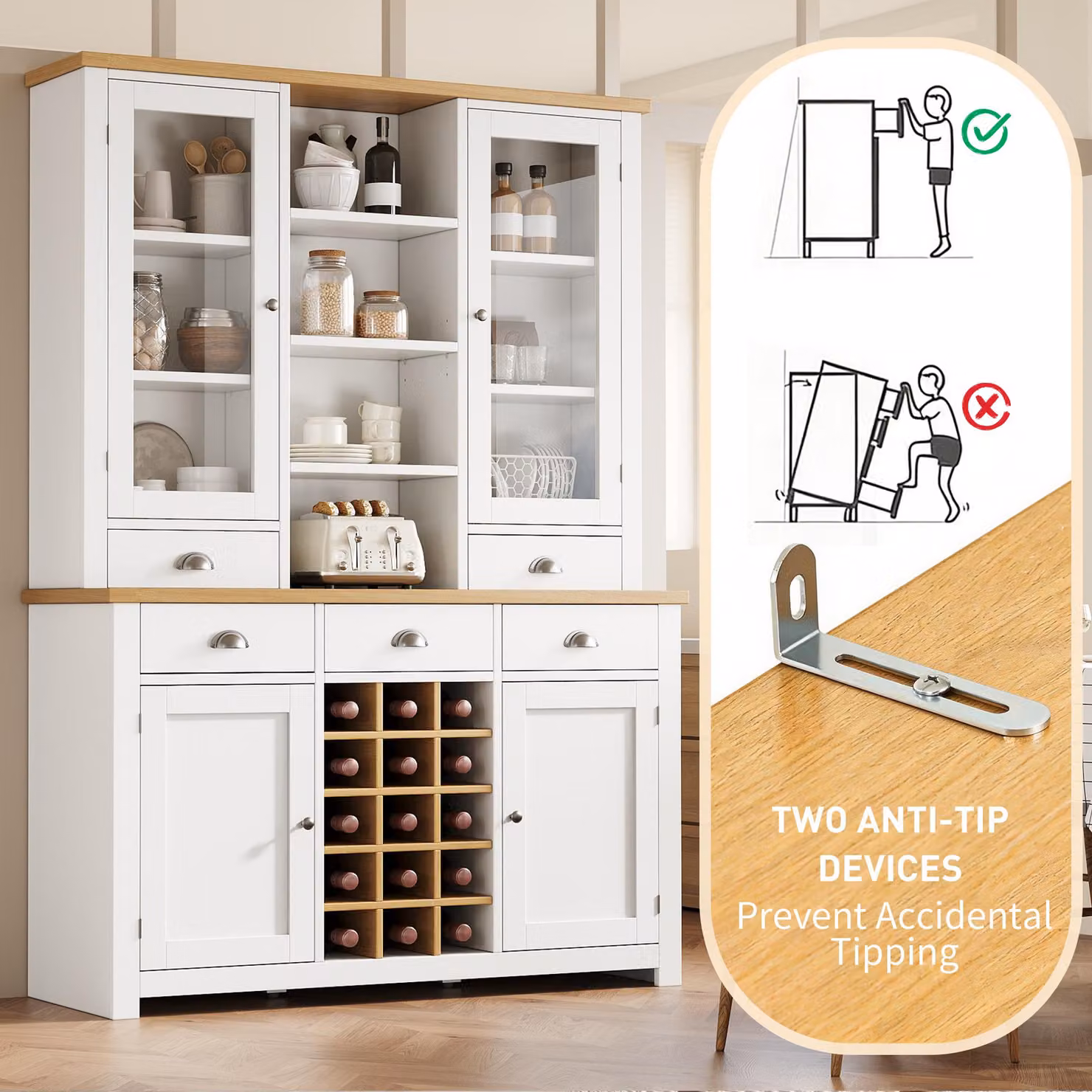 Aosom UK White Kitchen Pantry Cabinet with Wine Rack, Glass Doors and 5 Deep Drawers, W/D/H: 120 x 40 x 185 cm – 4