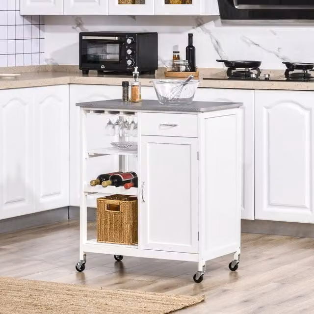HOMCOM Compact Kitchen Trolley Utility Cart with Wine Rack, White