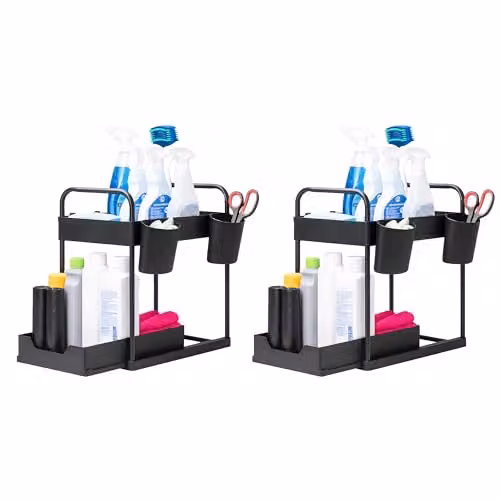 Innoteck 2-Tier Under Sink Organiser with 4 Hooks and 2 Cups, Black, H: 40 cm, L: 39 cm, D: 30 cm (Pack of 2)