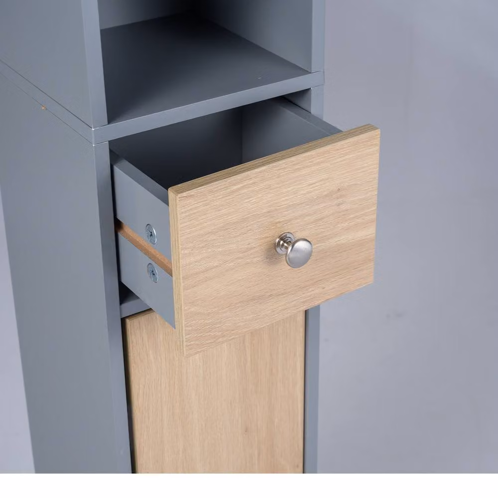Costway Grey Slim Freestanding Bathroom Tall Cabinet with Internal Shelves and Drawers – 5