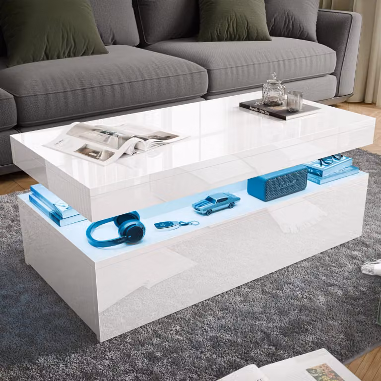 DHS High Gloss White Storage Coffee Table with Drawers and LED Lights W/D/H: 94 x 47 x 38 cm
