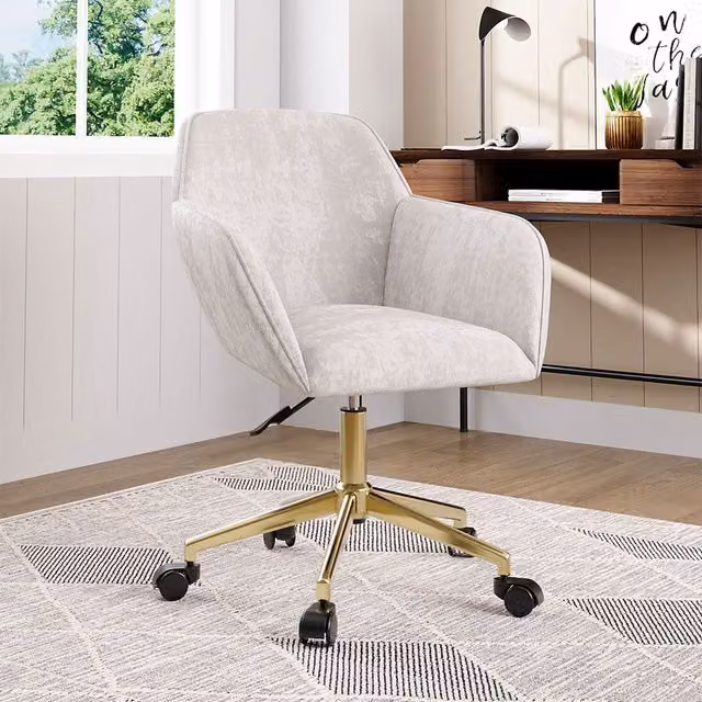Livingandhome White Velvet Upholstered Swivel Task Chair with Gold Metal Base